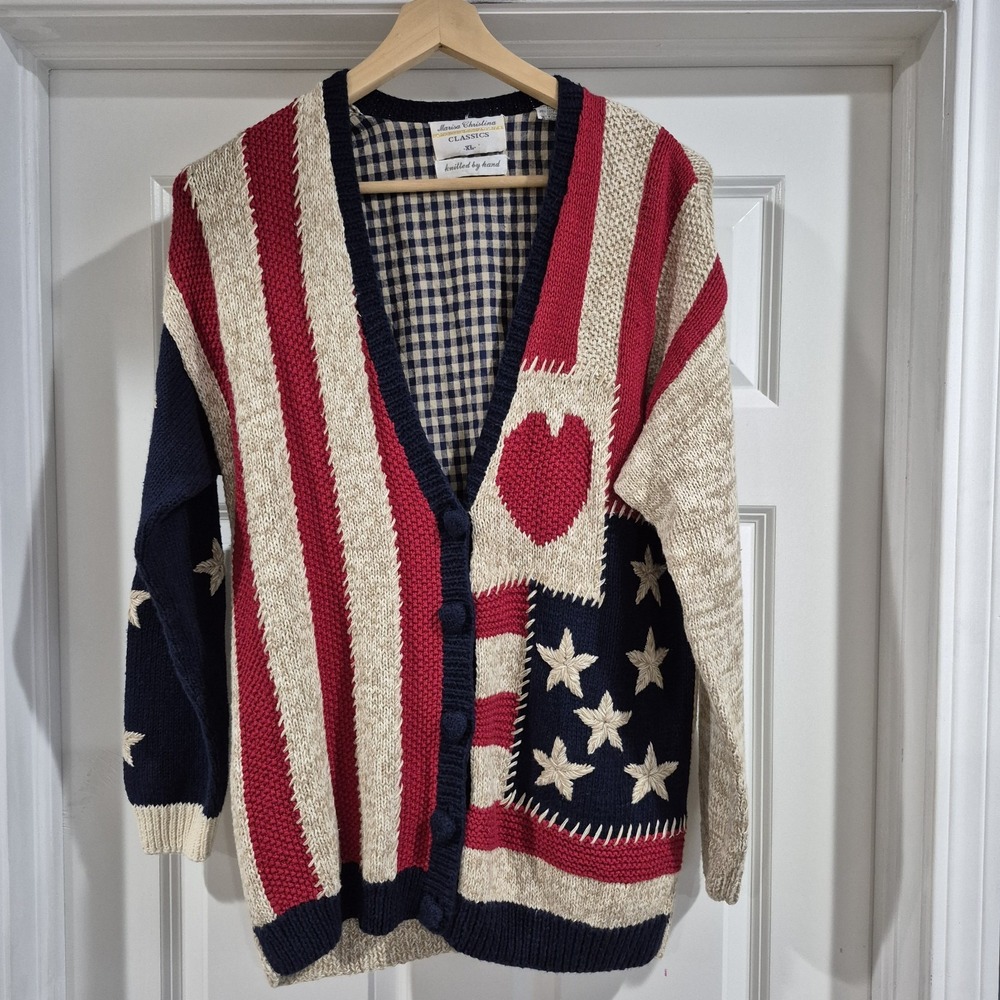 Vtg‎ Marisa Christina Sweater Womens XL Hand Knit Ramie USA Flag Heart Americana